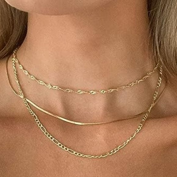 14k Gold Herringbone Necklace Set Layered Chain Choker Delicate Dainty Jewelry - Picture 4 of 7
